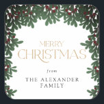 Winter Greenery Mistletoe Christmas Square Sticker<br><div class="desc">This delightful Christmas sticker showcases a winter greenery mistletoe border and the message "Merry Christmas". Custom text allows you to personalise with your name.</div>