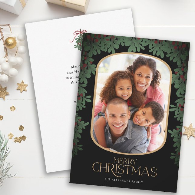 Winter Greenery Mistletoe Rounded Photo Christmas Holiday Card (Creator Uploaded)