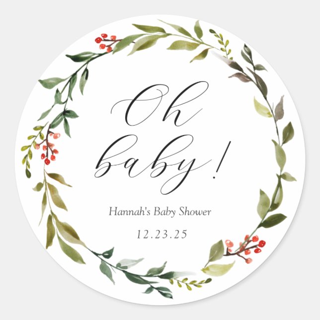 Winter Greenery Oh Baby Classic Round Sticker (Front)