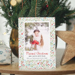Winter Greenery Pattern Merriest Christmas Photo Holiday Card<br><div class="desc">This beautiful card features a Christmas greenery floral pattern of light green,  red,  blue and grey. Script and classic typography are used with one large photo. The back of the card is a red and white stripe pattern.</div>