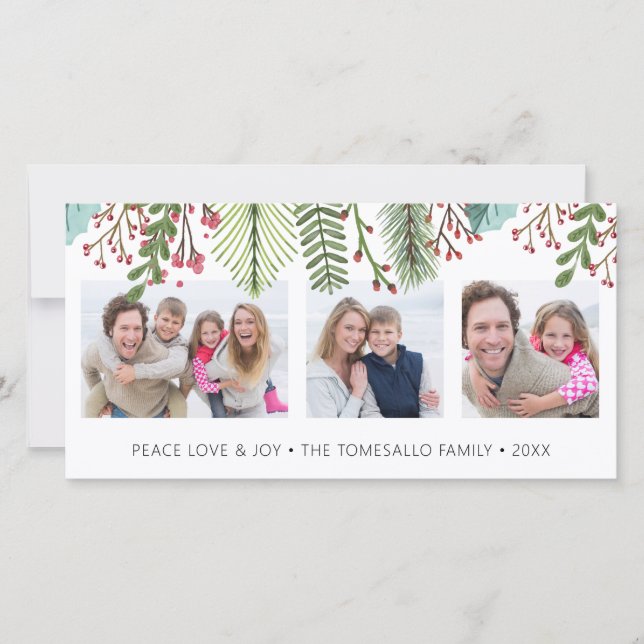 Winter Greenery Photo Collage Holiday Card (Front)