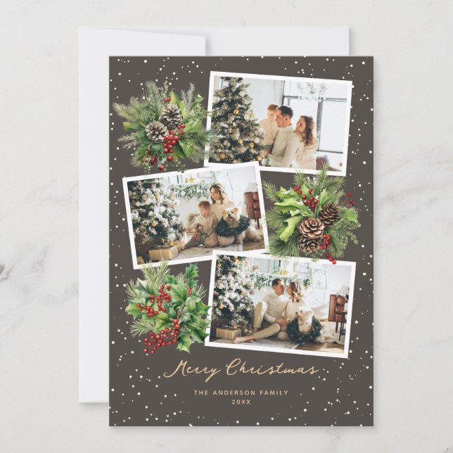 Winter Greenery Photo Collage Merry Christmas Card (Front)