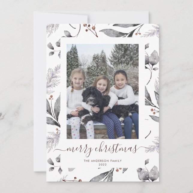 Winter Greenery Photo Merry Christmas Cards (Front)