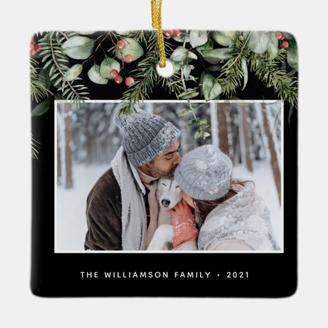 Winter Greenery | Pine and Berries 2 Photo Holiday Ceramic Ornament (Front)