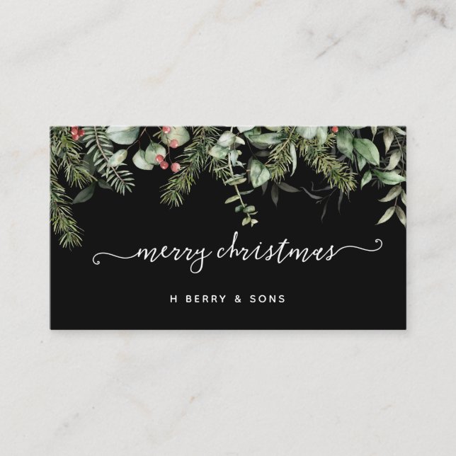 Winter Greenery Pine and Berries Holiday  Business Card (Front)