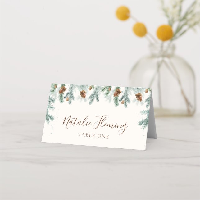 Winter Greenery Pine Branches Cones Wedding  Place Card (Back)
