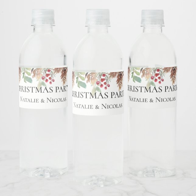 Winter Greenery Pine Red Berry Christmas Wedding Water Bottle Label (Bottles)
