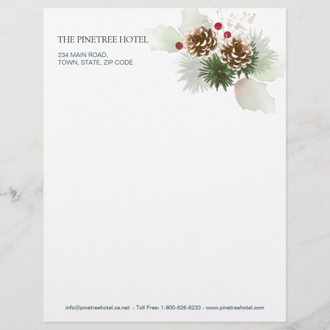 Winter Greenery Pine Red Berry Custom Letterhead (Front)