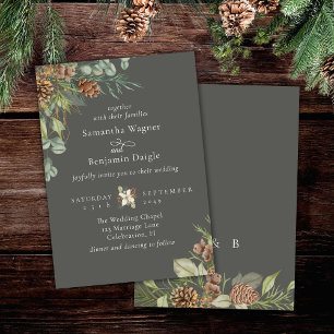 Winter Greenery Pine Stone Grey Elegant Wedding Invitation