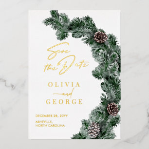 Winter Greenery Pinecone Christmas Save The Date