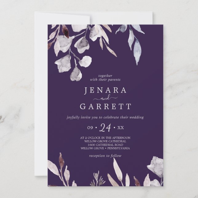 Winter Greenery | Plum Casual Wedding Invitation (Front)