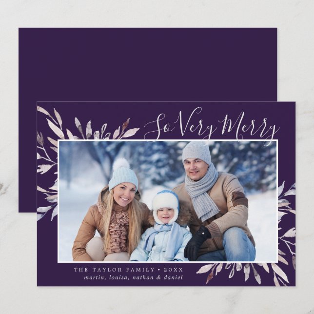 Winter Greenery Plum So Very Merry Landscape Photo Holiday Card (Front/Back)