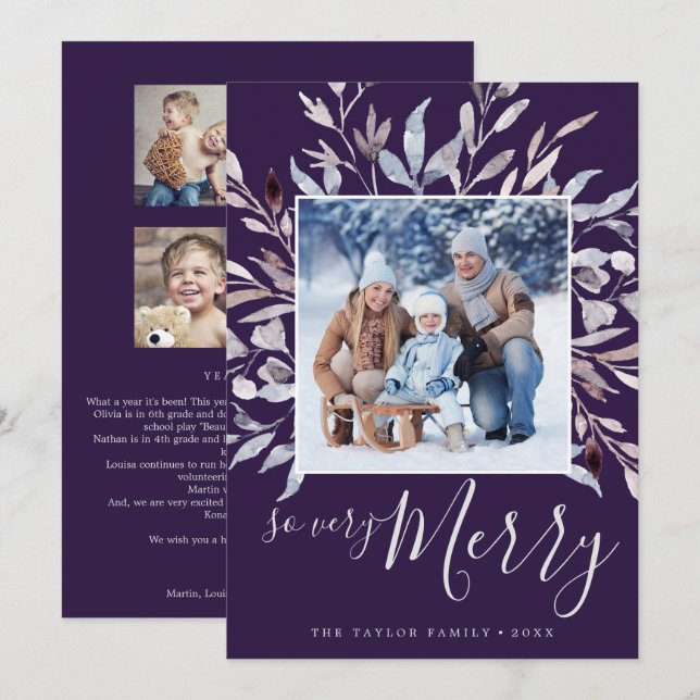 Winter Greenery Plum So Very Merry Year In Review Holiday Card (Front/Back)