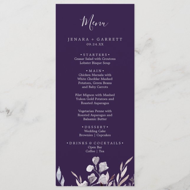 Winter Greenery | Plum Wedding Dinner Menu (Front)