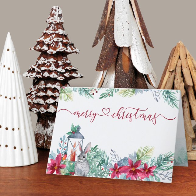 Winter Greenery Poinsettia and Rabbit Watercolor Holiday Card (Traditional Christmas Card. Buy professionally printed or as a printable digital download.)