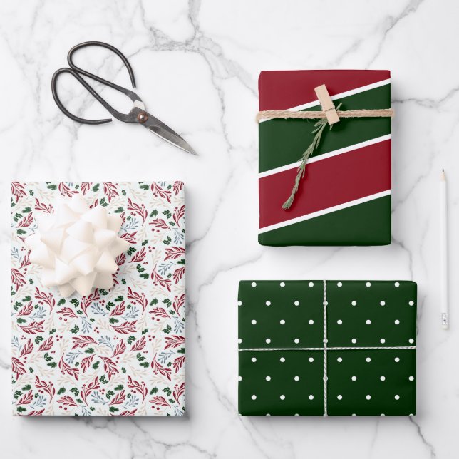 Winter Greenery Red and Green Patterns Christmas Wrapping Paper Sheet (Front)