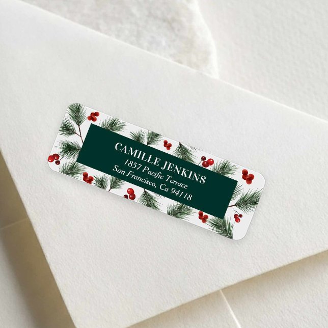 Winter Greenery & Red Berries Return Address Label (Christmas Holly Berries and Winter Greenery Return Address Label)