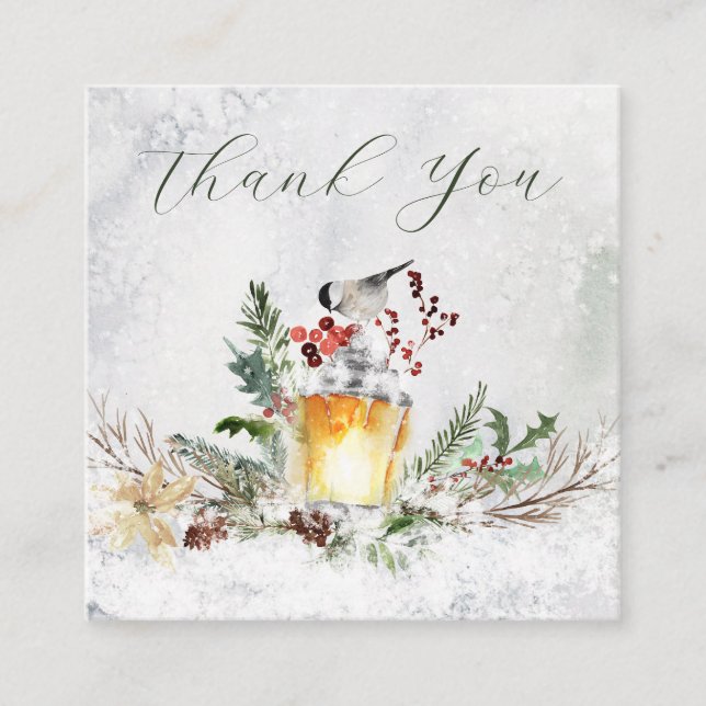 Winter Greenery Red Berry Bird Christmas Thank You Square Business Card (Front)