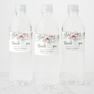 Winter Greenery Red Berry Christmas Wedding Water Bottle Label