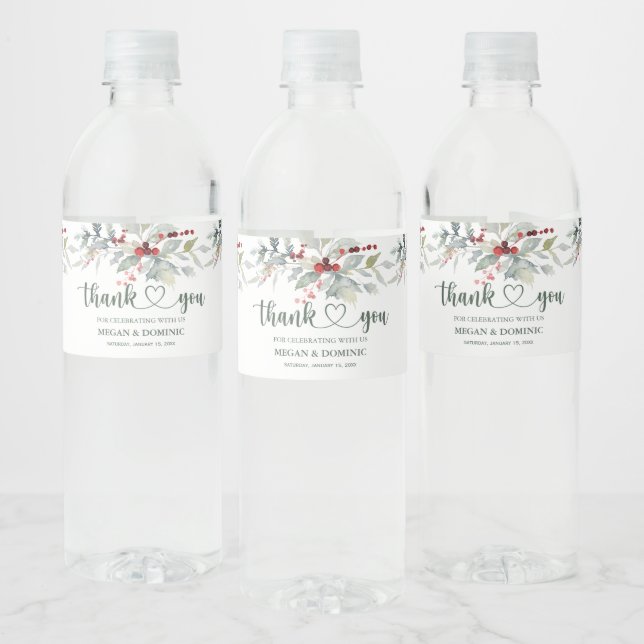 Winter Greenery Red Berry Christmas Wedding Water Bottle Label (Bottles)