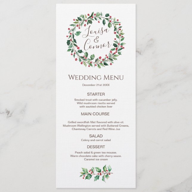 Winter Greenery Red Berry Wedding Menu (Front)