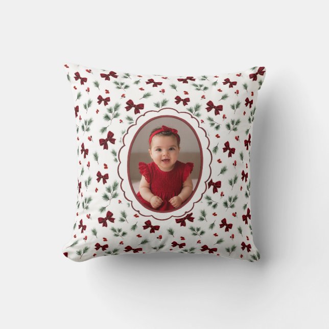 Winter Greenery Red Bow Christmas Cushion (Front)
