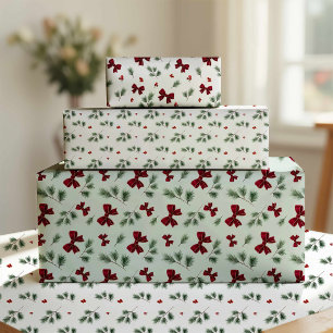 Winter Greenery Red Bow Christmas Wrapping Paper