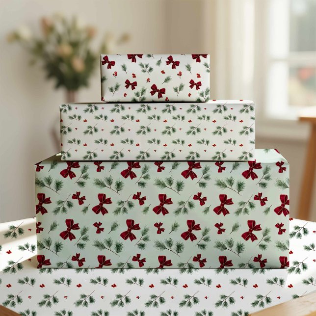 Winter Greenery Red Bow Christmas Wrapping Paper (Elegant Red bow and holly berries wrapping paper)