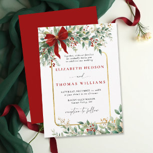 Winter Greenery Red Bow Rustic *Gold Frame Wedding Invitation