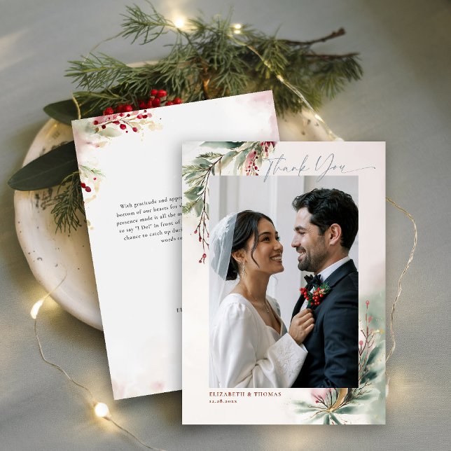 Winter Greenery Red Christmas Chic Photo Thank You Card (winter christmas wedding bridal shower thank you card greenery botanical berries red green romantic)