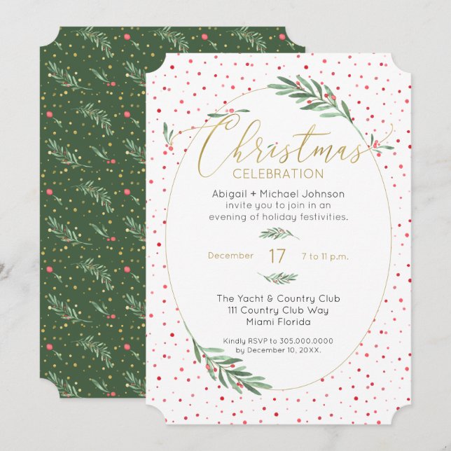Winter Greenery Red Green Gold Christmas Party Invitation (Front/Back)
