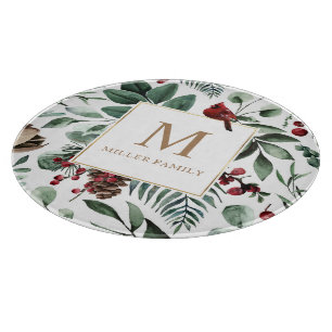 Winter Greenery Red Happy Holidays Monogram Cutting Board