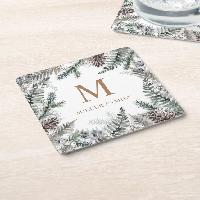 Winter Greenery Red Holiday Monogram Square Paper Coaster (Angled)