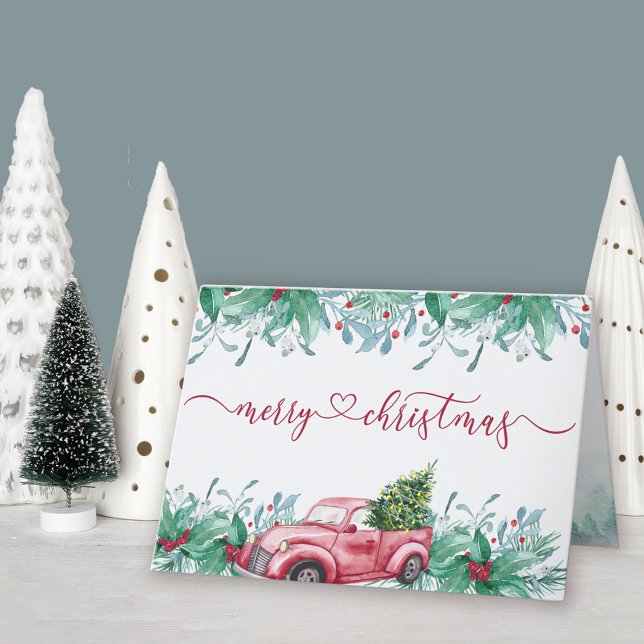 Winter Greenery Red Truck Watercolor Garland Holiday Card (Red Truck Christmas Card. Buy professionally printed or as a printable digital download.)