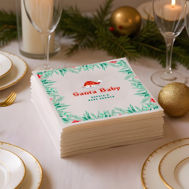 Winter Greenery Santa Hat Christmas Baby Shower Napkin (Creator Uploaded)