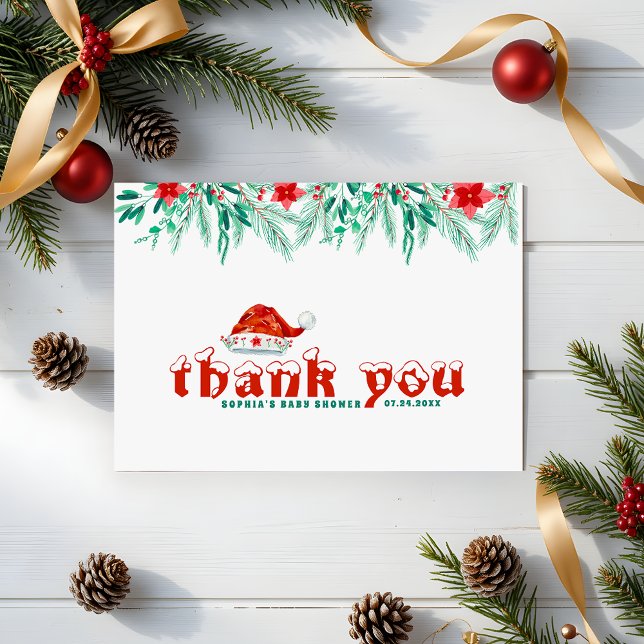 Winter Greenery Santa Hat Christmas Baby Shower Thank You Card (Creator Uploaded)