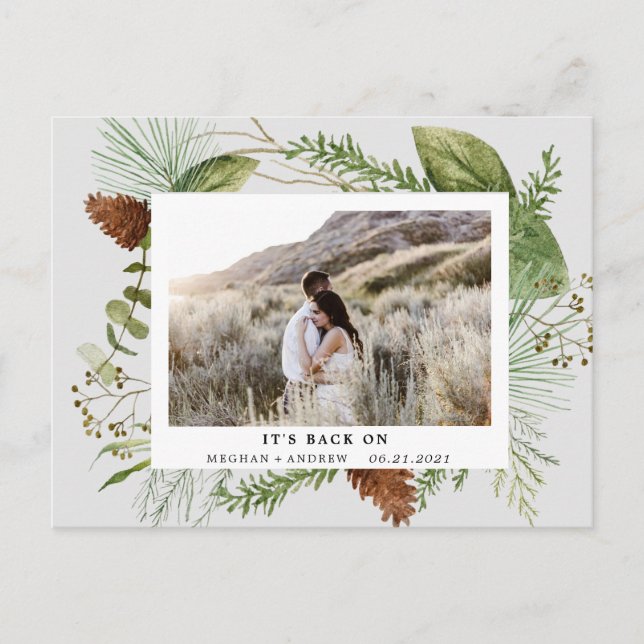 winter greenery save the date photo postcard (Front)