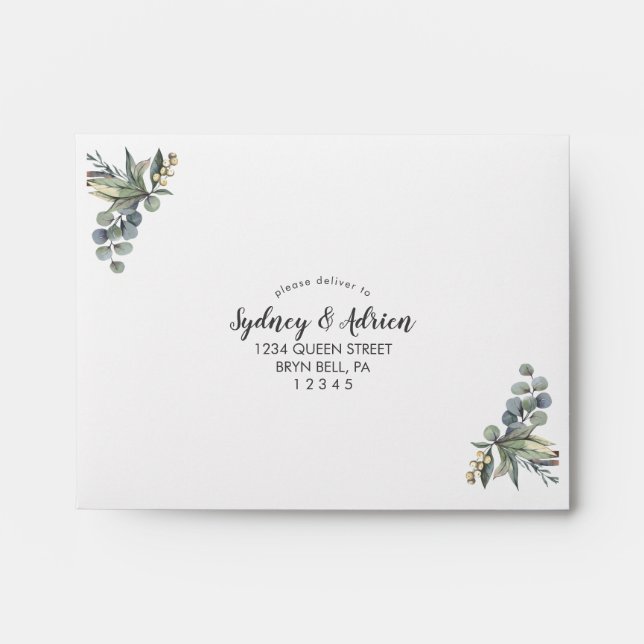 Winter Greenery Self-Addressed Wedding RSVP Envelope (Front)
