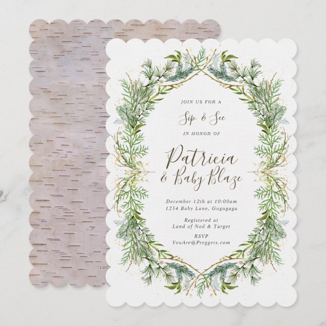 Winter Greenery Sip and See Invitation (Front/Back)