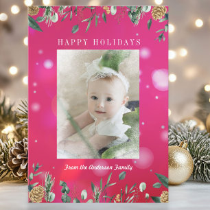 Winter Greenery Snow Bokeh Photo Holiday Card