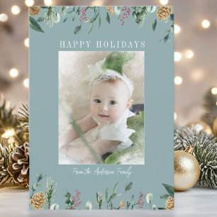 Winter Greenery Snow-Overlay Photo Holiday Card