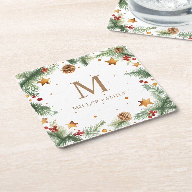 Winter Greenery Stars Holiday Monogram Square Paper Coaster (Angled)