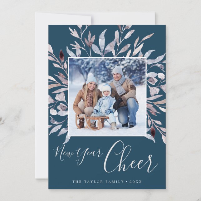 Winter Greenery Teal New Year Cheer Year In Review Holiday Card (Front)