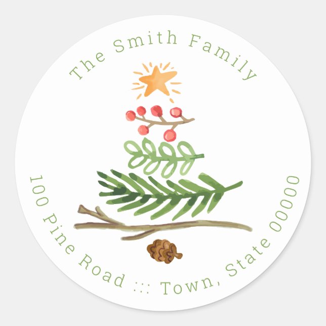 Winter Greenery Watercolor Christmas Tree Classic Round Sticker (Front)
