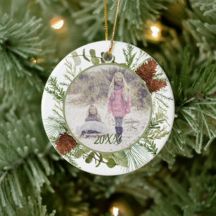 Winter Greenery Watercolor double sided photo Ceramic Tree Decoration