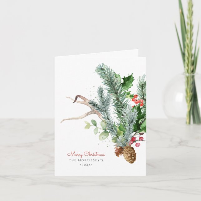 Winter Greenery Watercolor Greeting Holiday Card (Front)