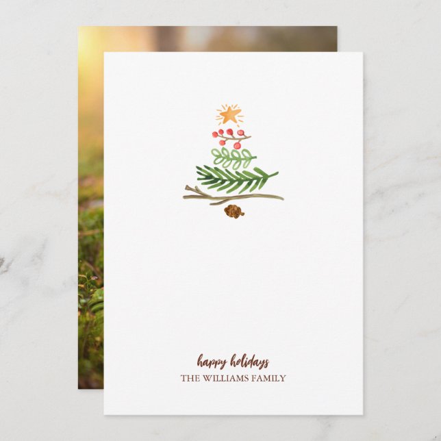 Winter Greenery Watercolor Photo Christmas Tree  Card (Front/Back)