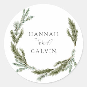 Winter Greenery Wedding Classic Round Sticker