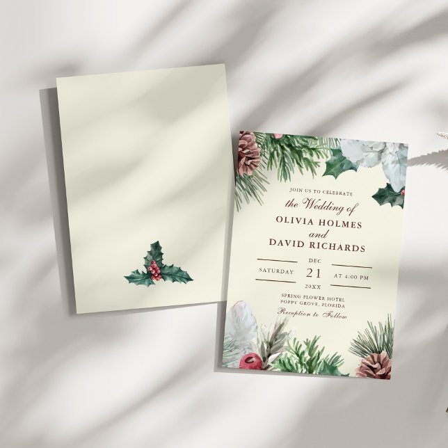 Winter Greenery Wedding Invitation (Winter Greenery Wedding Invitation on a sunny white table.)