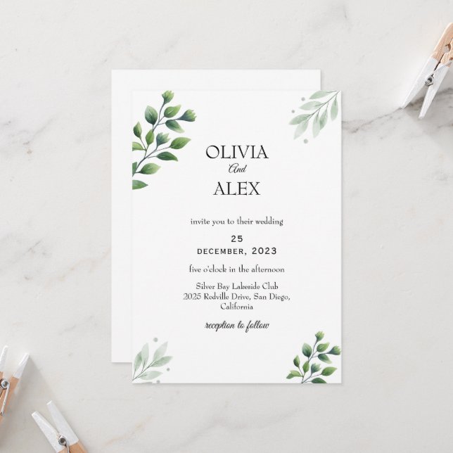 Winter Greenery Wedding Invitation (Front/Back In Situ)